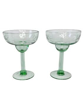 Bobby Flay BFZ1 Green Etched Floral Margarita Glasses Hand Blown Set of 2